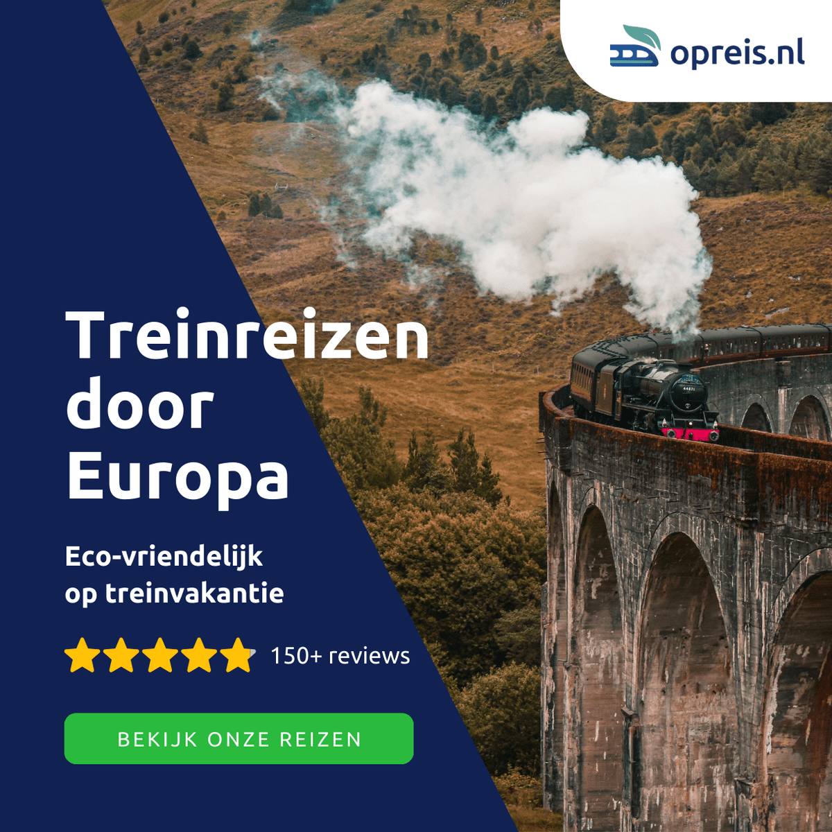 Opreis.nl social media banner treinvakantie met Glenfinnan Viaduct